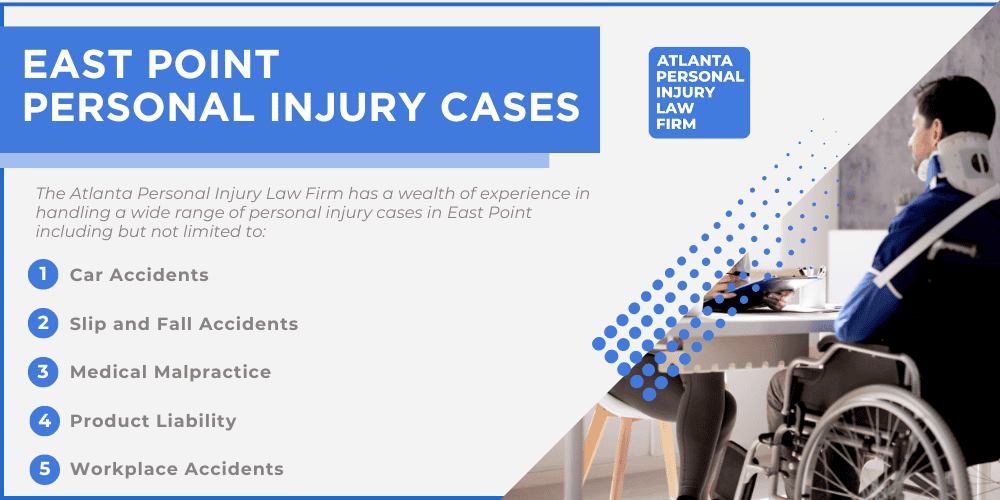 Personal Injury Lawyer East Point Georgia GA; Personal Injury Cases in East Point, Georgia (GA); General Impact of Personal Injury Cases in East Point, Georgia; Analyzing Causes of East Point Personal Injuries; Choosing an East Point Personal Injury Lawyer; Types of Personal Injury Cases We Handle; Areas of Expertise_ East Point Personal Injury Claims; Recoverable Damages in East Point Personal Injury Cases; East Point Personal Injury Lawyer_ Compensation & Claims Process; Types of Compensation Available; Fundamentals of Personal Injury Claims; Cost of Hiring an East Point Personal Injury Lawyer; Advantages of a Contingency Fee; Factors Affecting Lawyer Fees; Steps To File A Personal Injury Claim in East Point, Georgia (GA); Gathering Evidence; Factors Affecting Personal Injury Settlements; East Point Personal Injury Cases; East Point Personal Injury Cases